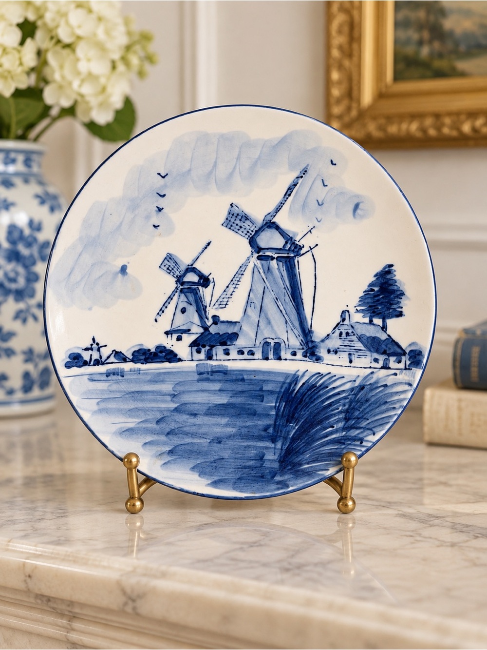 Vintage Hand Painted Blue Delft Dutch Windmill Wall Plate 7.75”